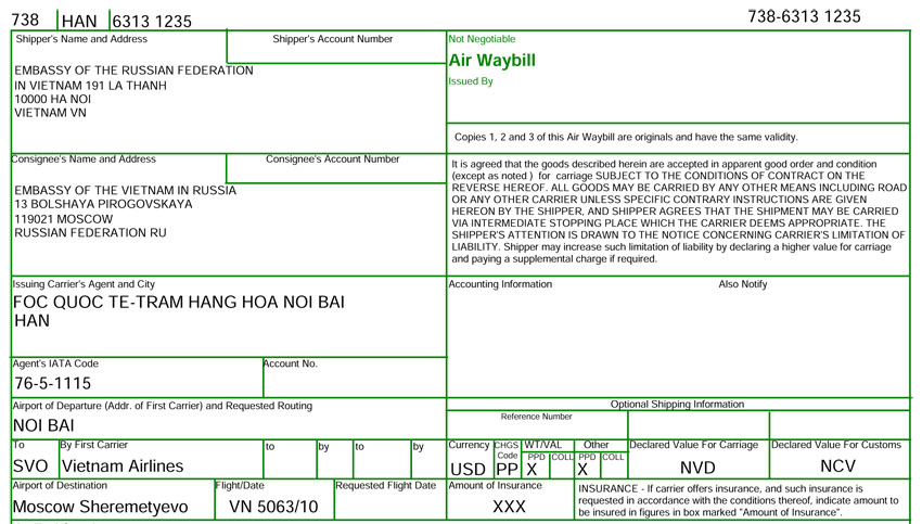 Air waybill for humanitarian aid masks to Russia