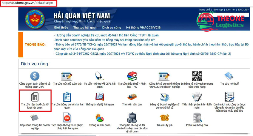 Tra cứu nộp thuế tờ khai tại trang web của Tổng cục hải quan