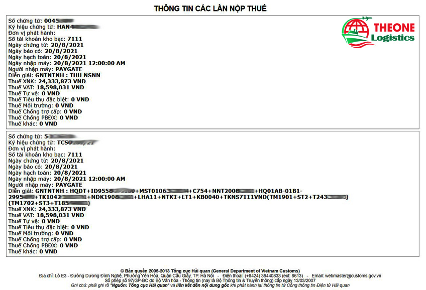 Thông tin các lần nộp thuế tờ khai của doanh nghiệp