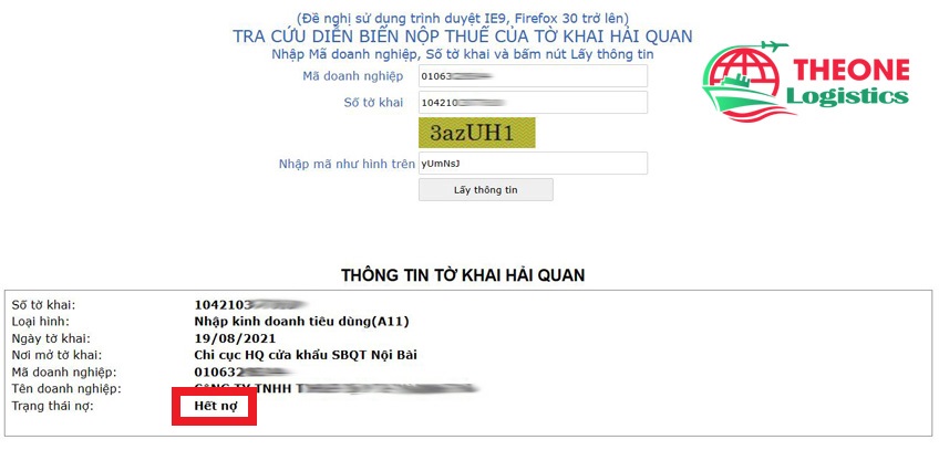 Trạng thái hết nợ thuế hải quan