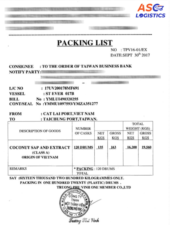 Mẫu Packing List - ASC Logistics