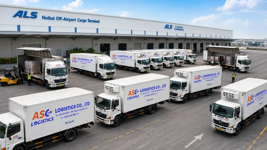Oversized cargo trucks are transporting goods from Noi Bai Airport to the factory.
