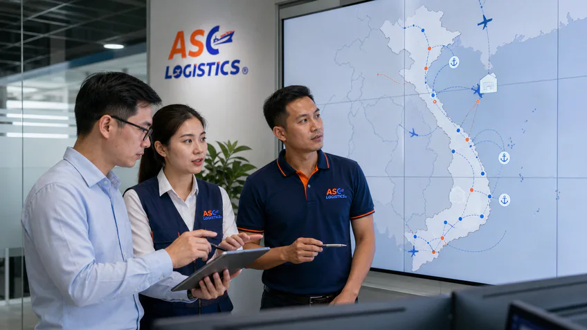 中国物流企业代表与ASC物流越南运营团队评估本地物流协作方案的场景示意
