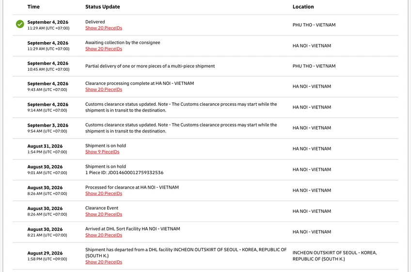 DHL Event Log showing time status updates and locations