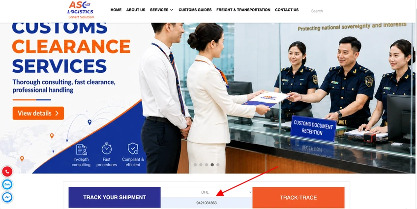 Entering a DHL waybill number on the ASC Logistics homepage