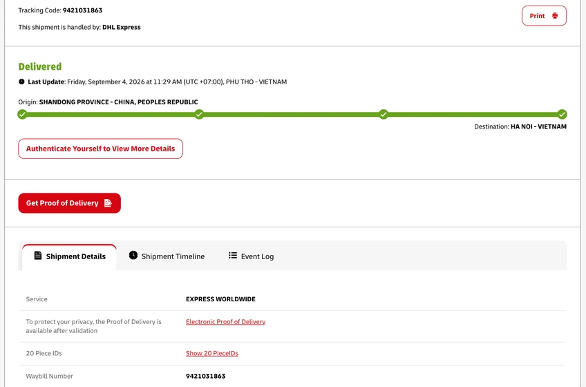 DHL Express tracking result showing delivery status and shipment details