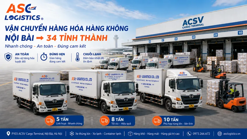 Trucks transport goods from Noi Bai Airport to various provinces.