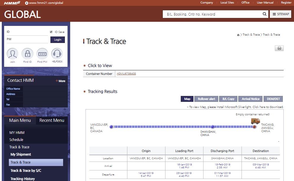 Search ship schedules through container numbers