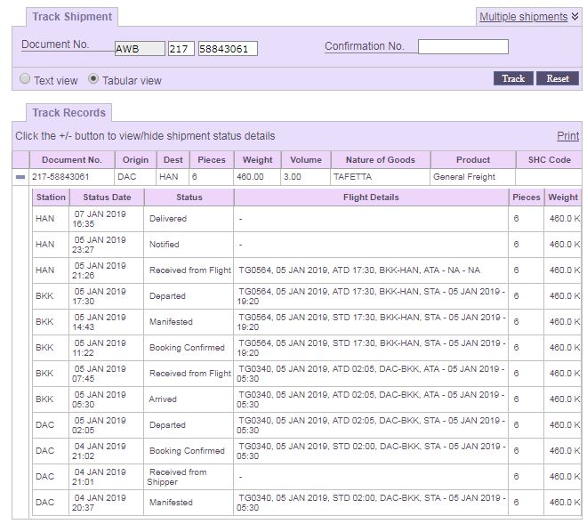 Displaying results of air transport bill tracking