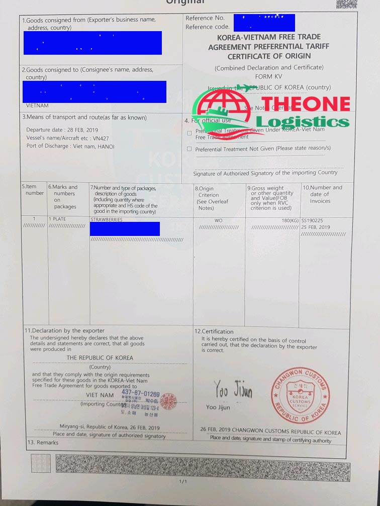 CO Korea form KV THE ONE LOGISTICS