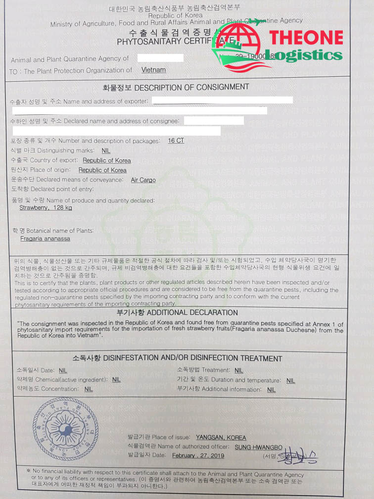 Certificate of export quarantine - The One Logistics