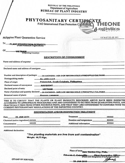 Certificate of plant quarantine for export country